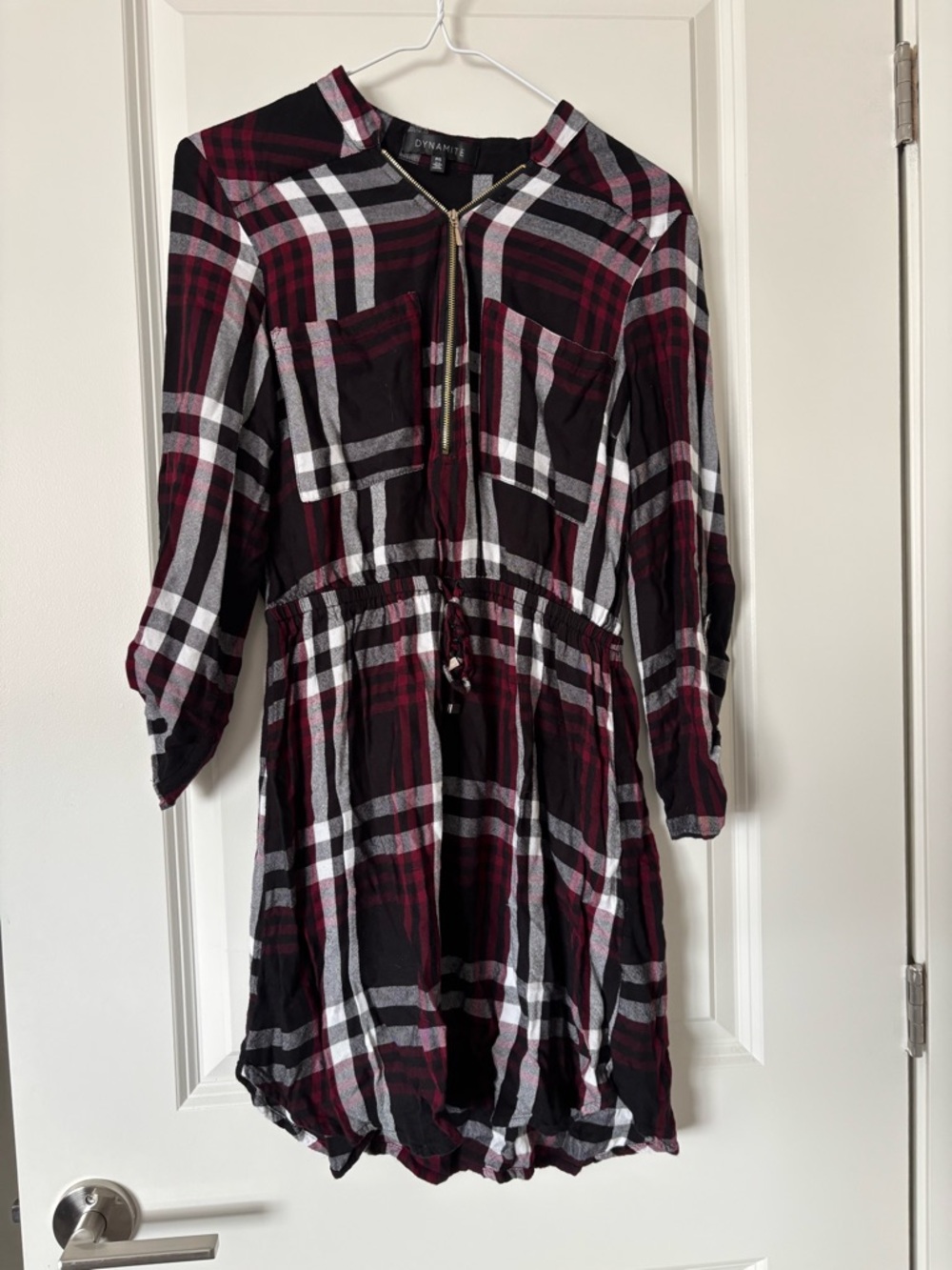 Dynamite Burgundy Black White Plaid Zip-Front Tunic